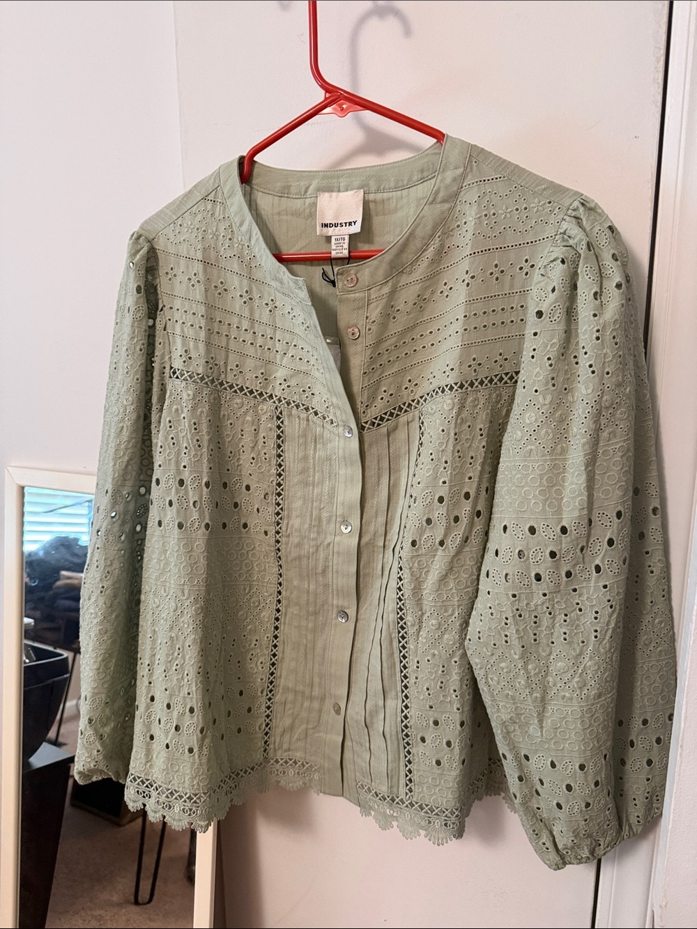 INDUSTRY Sage Eyelet Button-Front Blouse with Pintuck Detail